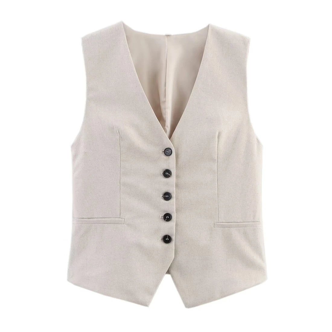 ชุดเซ็ตเสื้อกั๊กผ้าลินินผสมสีพื้นสำหรับผู้หญิง กางเกงขาสั้นเอวสูงทรงหลวมสบายๆ แฟชั่นลำลอง