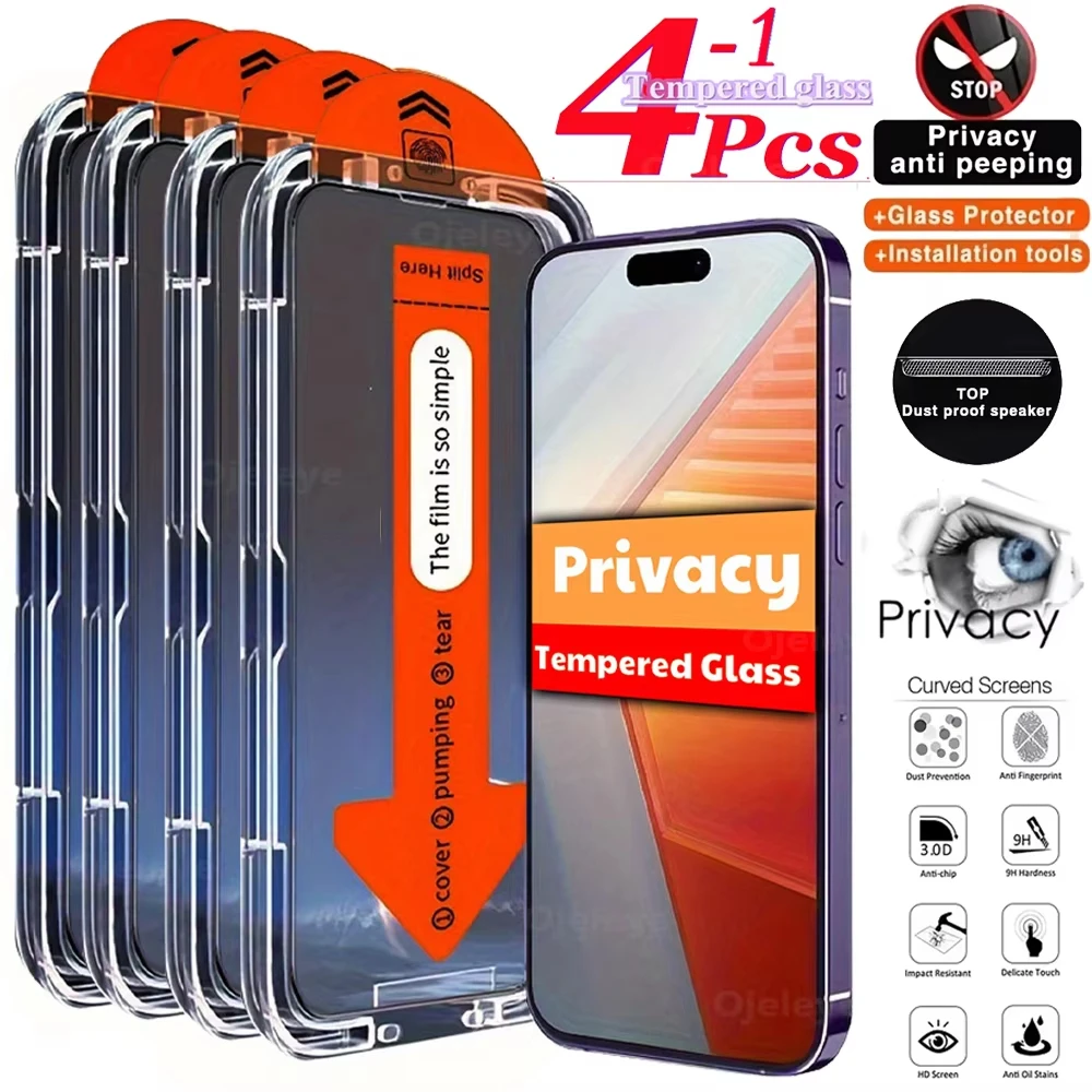 

4PCS Dust Free Anti-spy Glass Protector For iPhone 17 Air 17 15 16 14 11 12 13 Pro Max X XR 16e Easy Install Box Privacy Screen