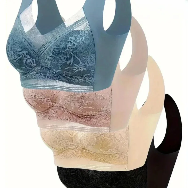 

Комплект из 4 женских кружевных бюстгальтеров без косточек, дышащих, полностью покрытий синего, бежевого, черного и телесного цвета с цветочным узором.