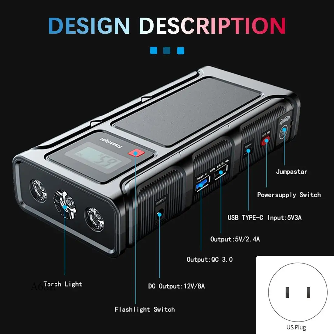 

AR-12000Mah Car Jump Starter Power Bank Car Emergency Booster Starting Device Smart Battery Clip US Plug