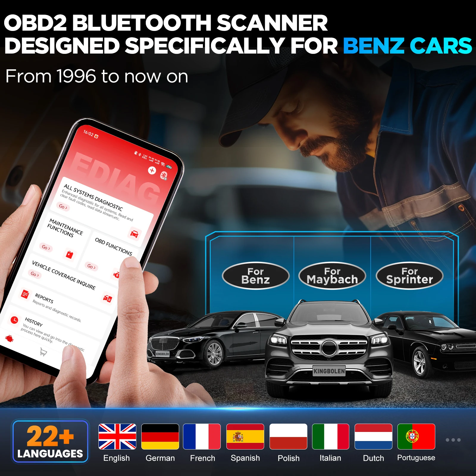 [ Für Benz, Maybach, Sprinter ] KINGBOLEN Soloscan – Diagnosegerät für alle Systeme, Steuergerät-Codierung & Aktive Tests, Kfz-Diagnosetool (Deutsch), lebenslange kostenlose Updates, für iOS & Android