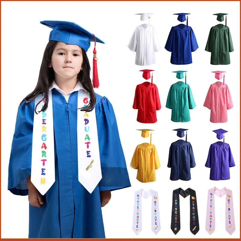 

Kids Graduation Costume Kindergarten Bachelor Gown Academinc Uniform Satin Sash Boy Gilr Photography Performance Robe Hat Set