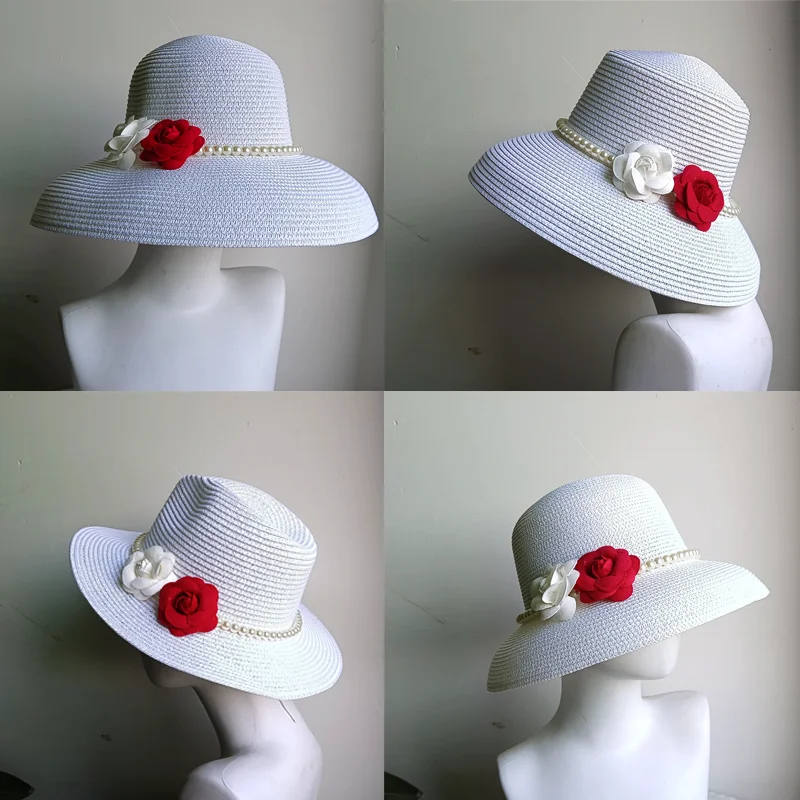 Flower Straw Hat Pearl Flower Women's Summer Beach Hat Elegant Vacation Seaside Travel Sun Hat Headdress Hat