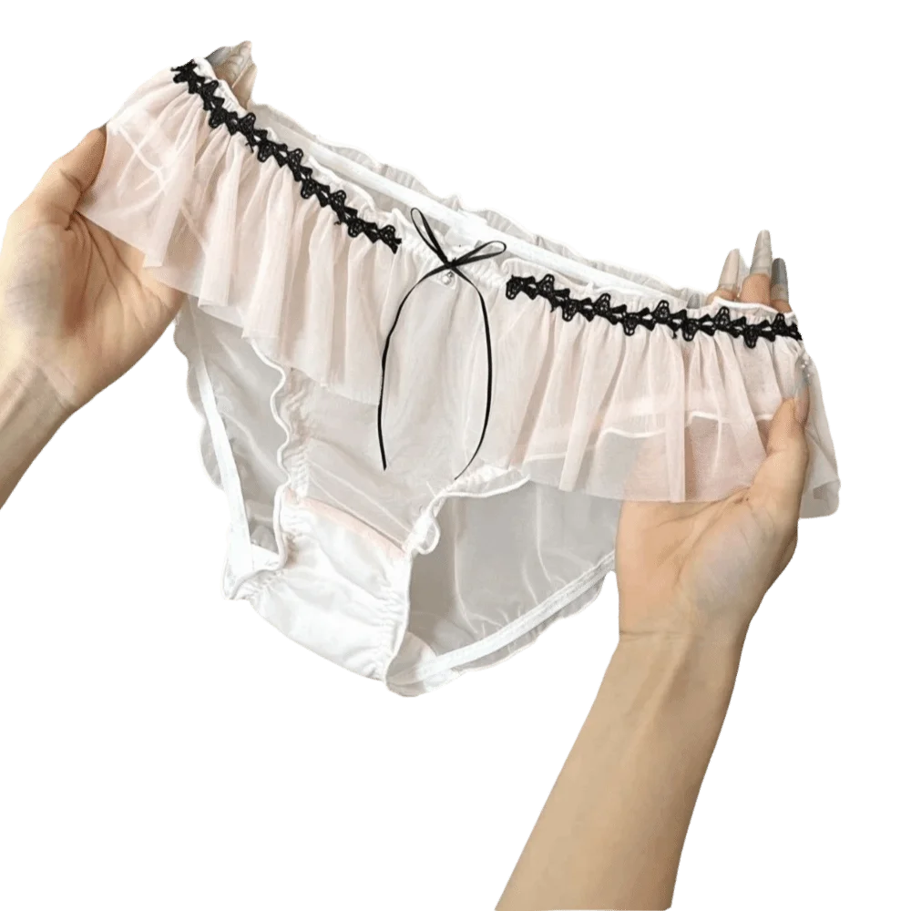 Breathable Mesh Thin Women's Underwear Transparent Low Waist Ruffle Briefs Bow Sweet Triangle Pants Daily