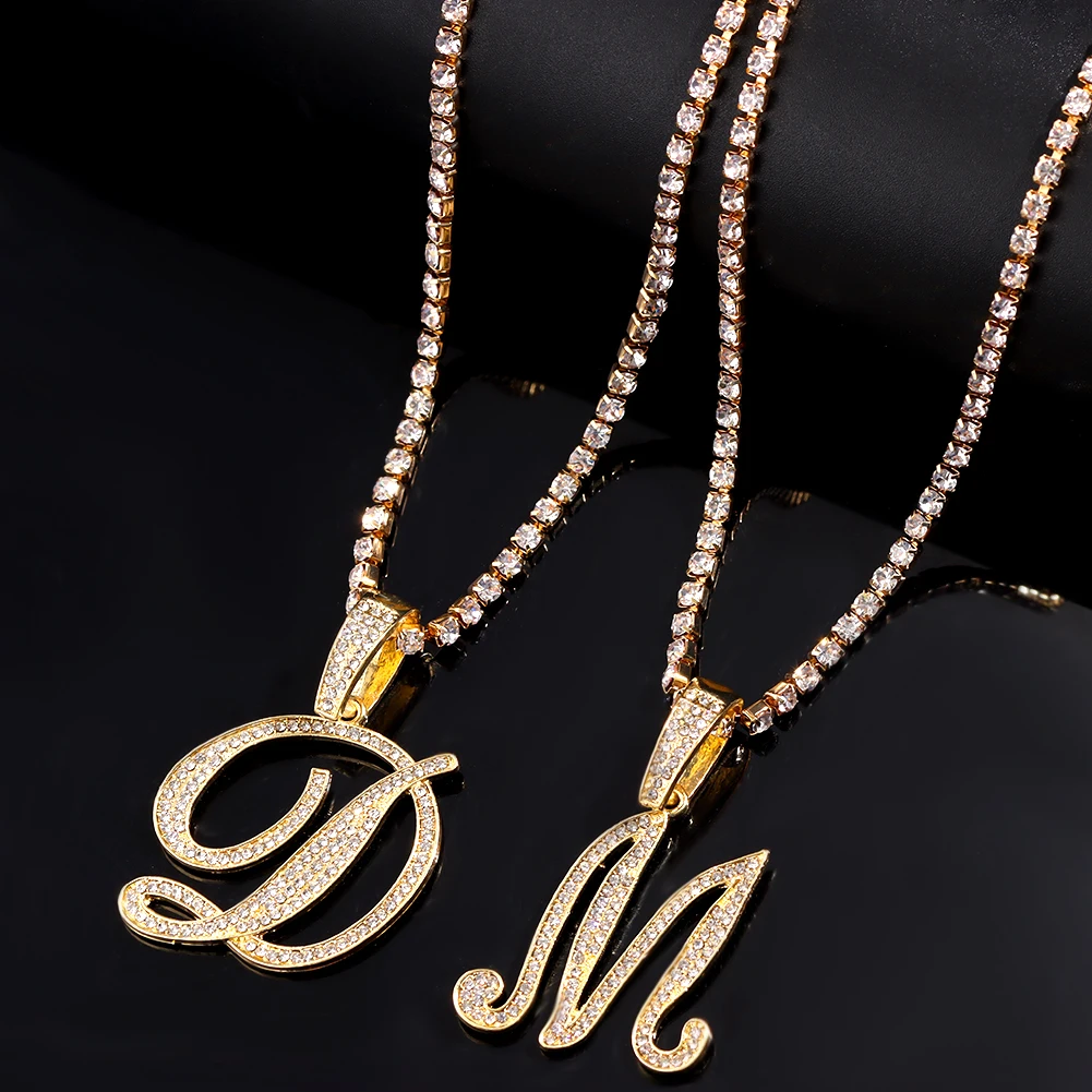 Flatfoosie Iced Out A-Z Cursive Letter Crystal Chain Necklace For Women Bling Rhinestone Initial Choker Necklace Hip Hop Jewelry