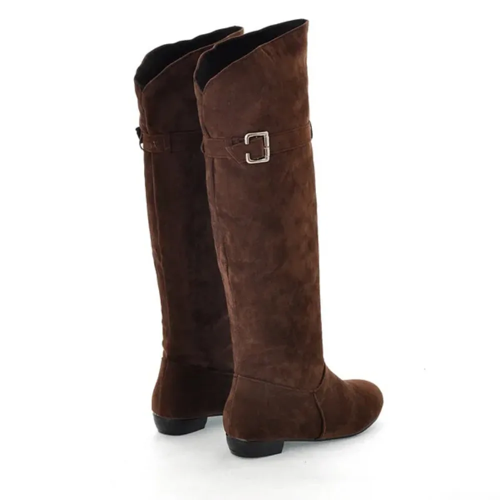 Botas Mujer Style Knee High Boots Women Round Toe Flat Heel Fahsion Belt Buckle Femme Black Yellow Brown Long Boots 822