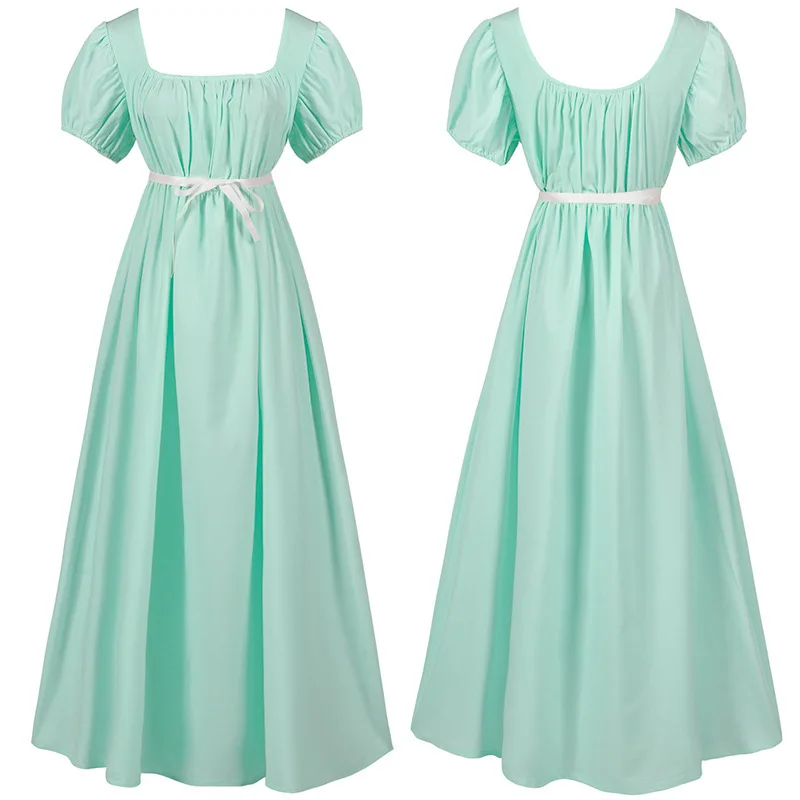 Abito da ballo vittoriano medievale transfrontaliero europeo e americano lungo tinta unita da donna a vita alta Halloween