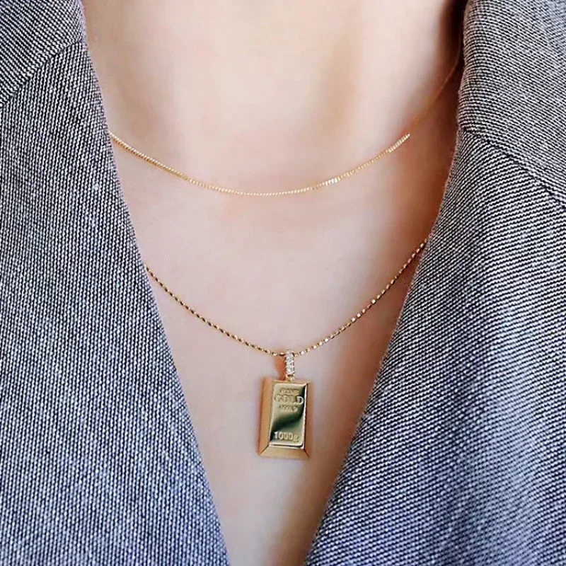 New Luxury Trendy Gold Plated Small Bars Bricks Pendant Necklaces for Women Link Chains Punk Fashion Jewelry Wedding Party Gift