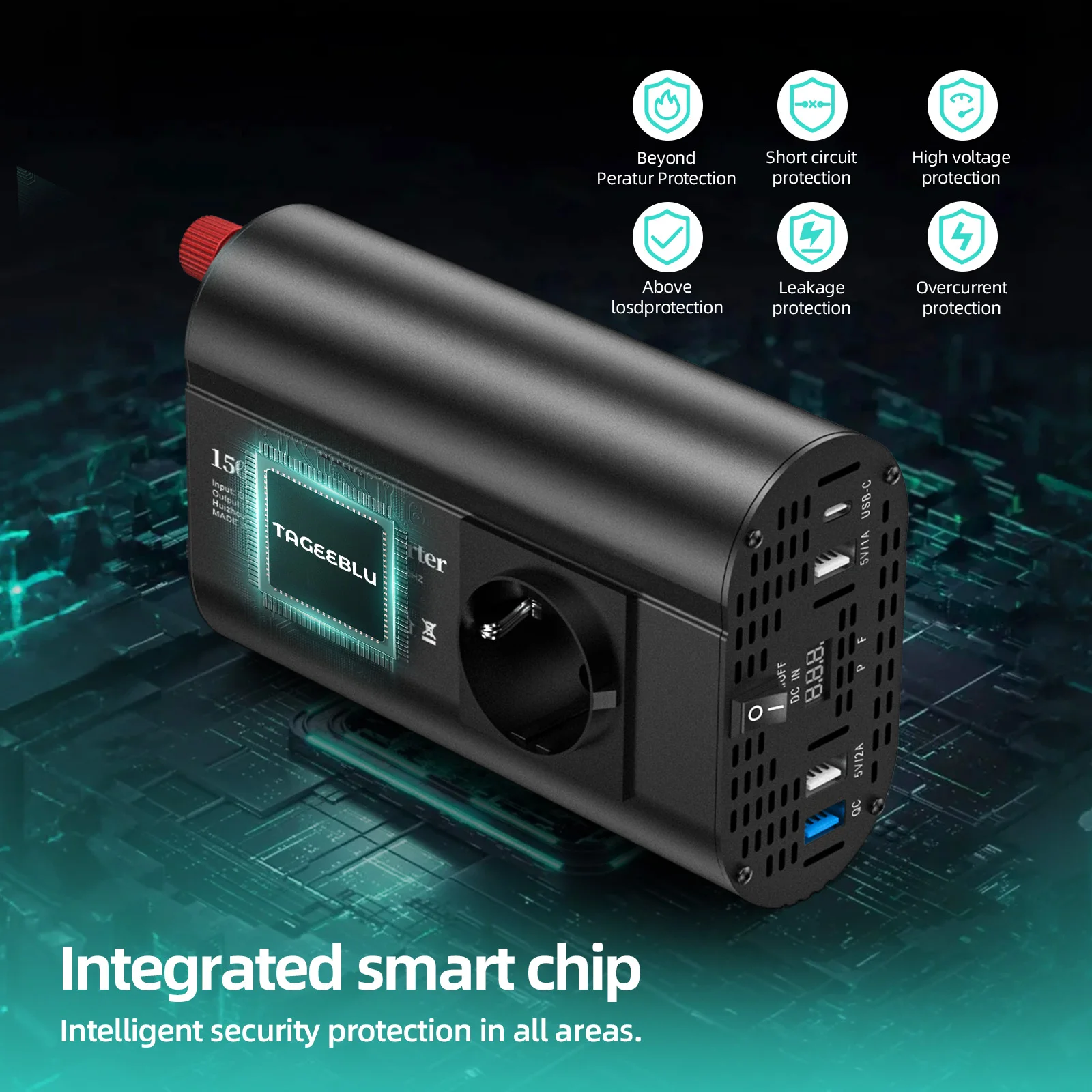 150W/500W/1500W Car Power Inverter 12V to 220V EU Socket with USB-C Port & Cooling Fan for Laptop TV Camera Charging