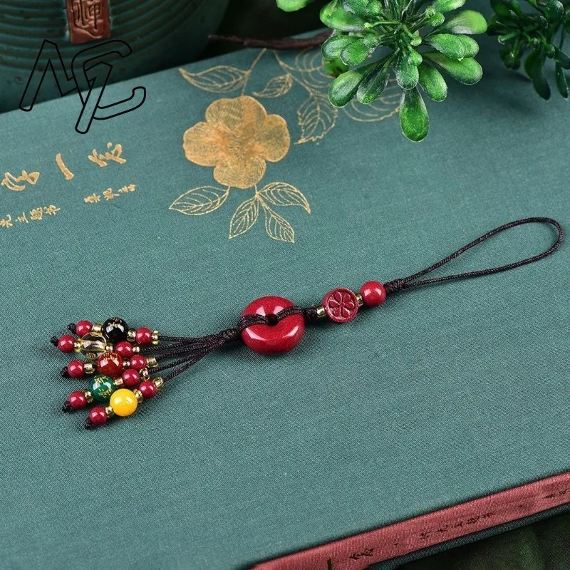 Fashion Red Cinnabar Peace Buckle Phone Strap Pendant Necklace Jewellery Chinese Hand-Carved Healing Fashion Women Luck Gift