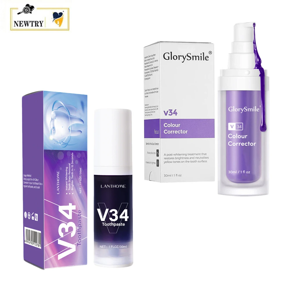 

2 Bottles Purple V34 Colour Corrector Serum Dental Teeth Brighten Whitening Paint Gloss Essence Oral Hygiene Mousse Toothpaste