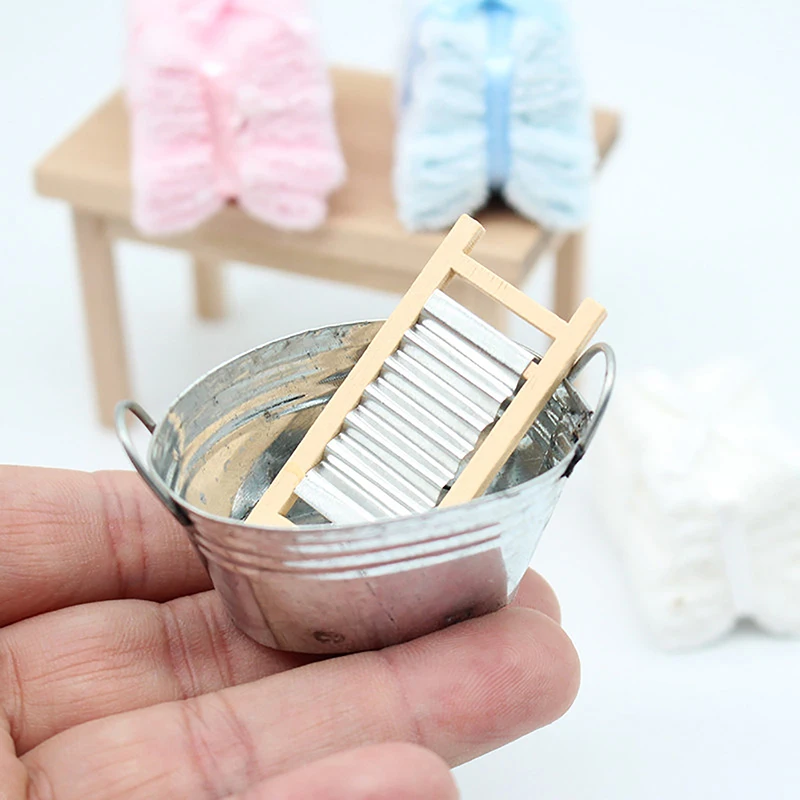 1Set 1:12 Dollhouse Miniature Washboard Iron Bucket Model For Doll House Decor Accessories Kids Pretend Play Toys