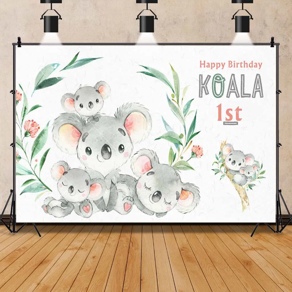 Cute Koala Bear Baby Shower Photography Backdrop Custom Safari Glitter Green Leaves Child Birthday Party Decor Banner Background