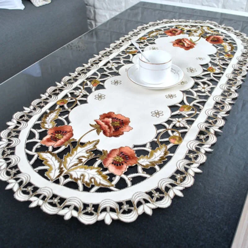 Nappe en Dentelle Brodée Vintage Ovale, Décoration de Table Florale Rustique Européenne Élégante, Tissu Satiné Floral, Grille de Table