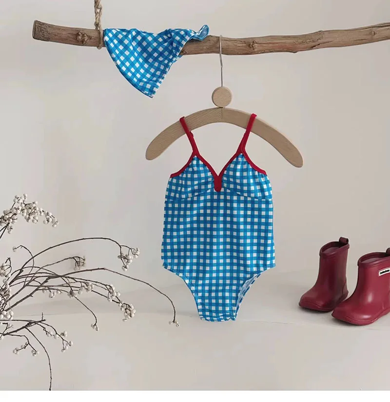2026 Summer Kids Swimsuit 1-6T Seaside Vacation Style Children Baby Swimwear Color Blocking Grid Girls Swimming Suit +Hat