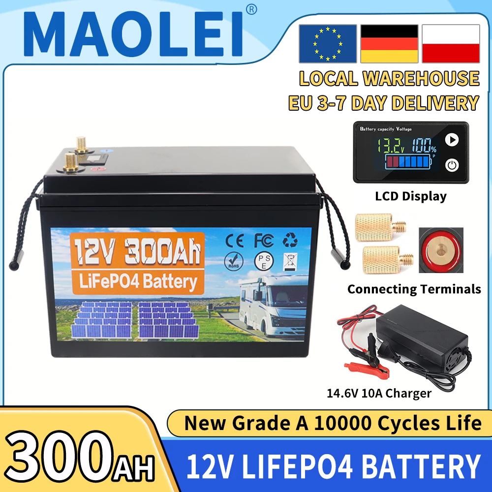 Batterie LiFePo4 12V, 300ah, 200ah, 150ah, 60ah, BMS intégré, cellule au Lithium fer Phosphate, Cycle 10000 pour camping-car, voiturette de Golf, sans taxe