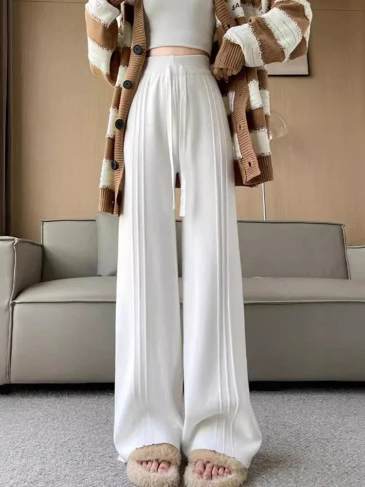 Autumn and winter new high-waisted casual soft waxy knitted straight-leg pants loose drape floor long pants