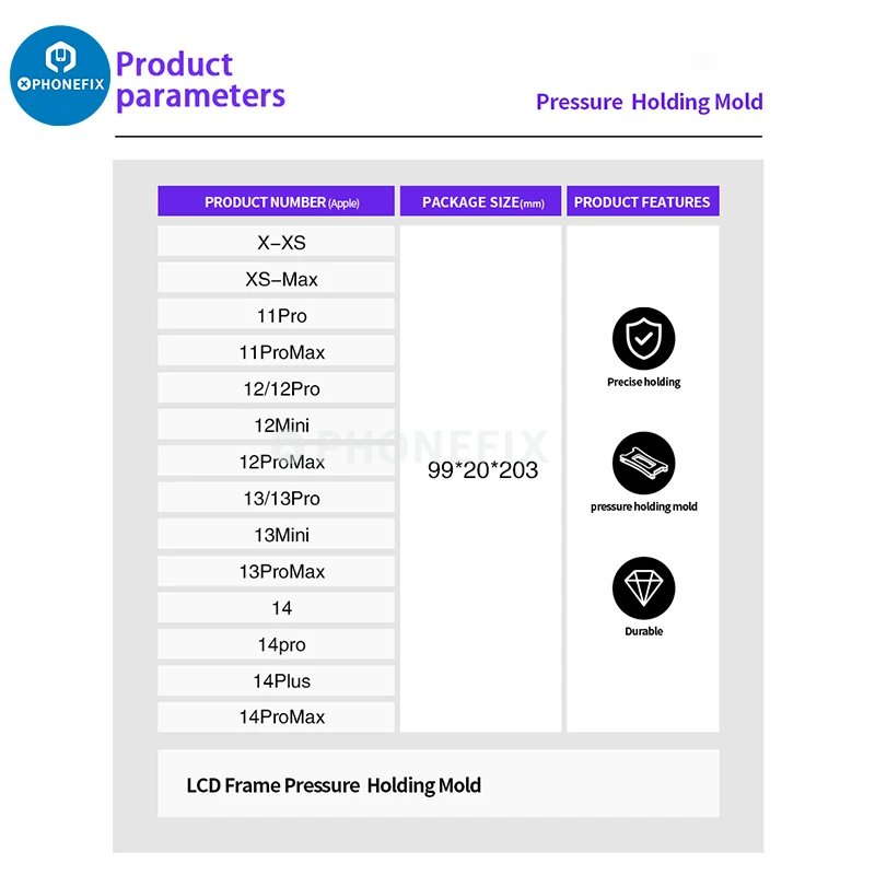 Alumínio liga LCD tela pressão segurando molde, M-triângulo Frame, iPhone X para 14 Pro Max