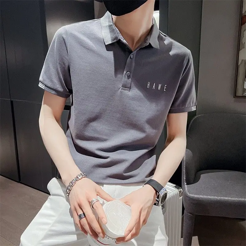 Short Sleeve Slim Fashion Korean Version Summer New Solid Color Versatile Lapel Letter Printed Cotton Youth Trend Polo Shirt