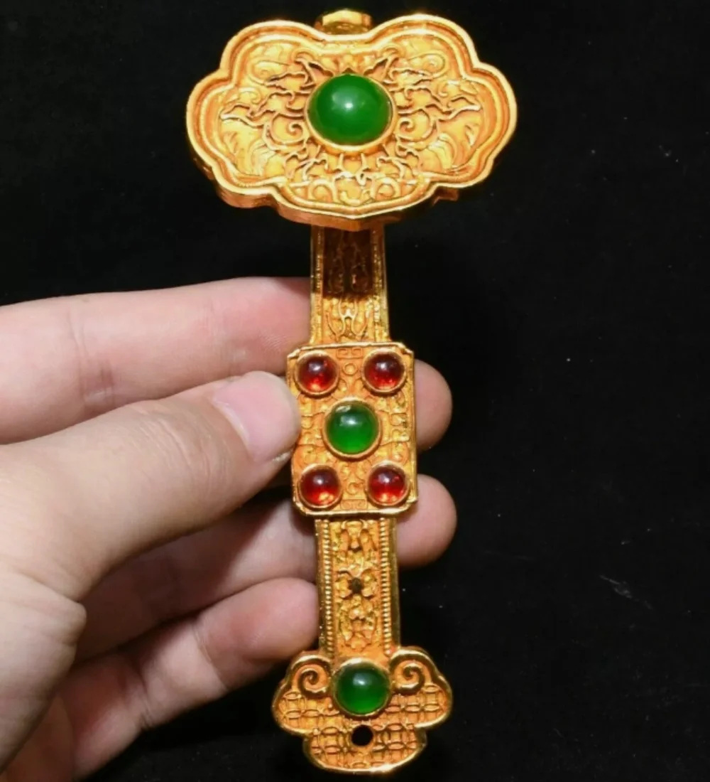 3.9''Old Chinese Dynasty Bronze Gilt Inlay Gems Lucky Ruyi Statue Sculpture