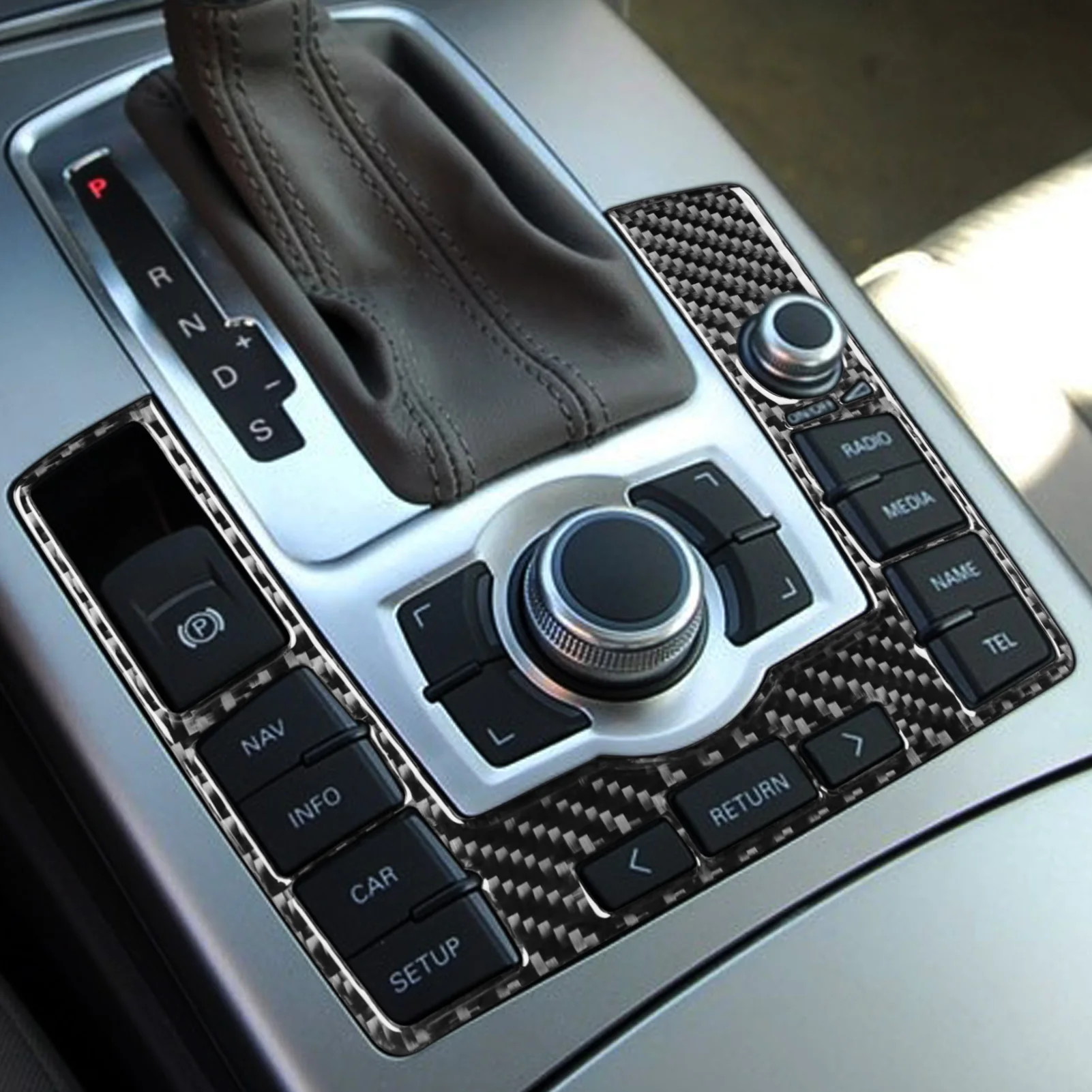 For Audi A6 S6 C6 2005-2011 Real Carbon Fiber Gear Shift Multimedia Knob Button Frame Panel Trim Cover Car Accessories Sticker view 3