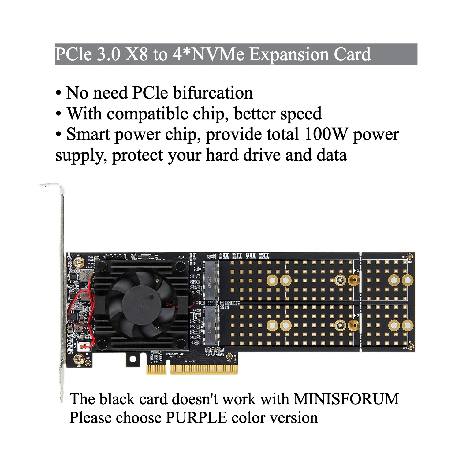 

NO NEED PCIe Bifurcation PEX8747 Quad 4 M.2 NVMe to PCIe 3.0 X8 Expansion Card Adapter, Support 22110/2280/2260/2242/2230 Size