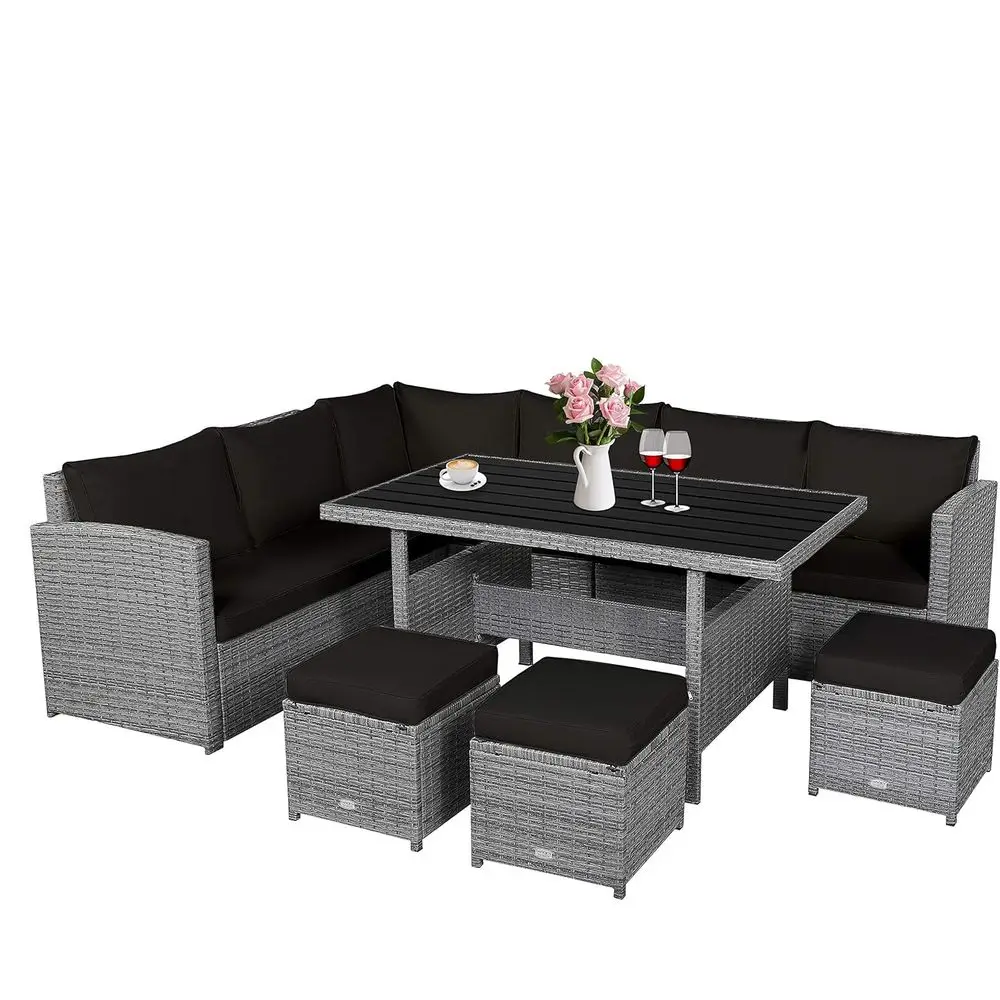 Juego de Muebles de Mimbre para Patio de 7 Piezas, Color Negro, con Mesa de Comedor, Otomanas y Cojines para Jardín, Piscina o Balcón