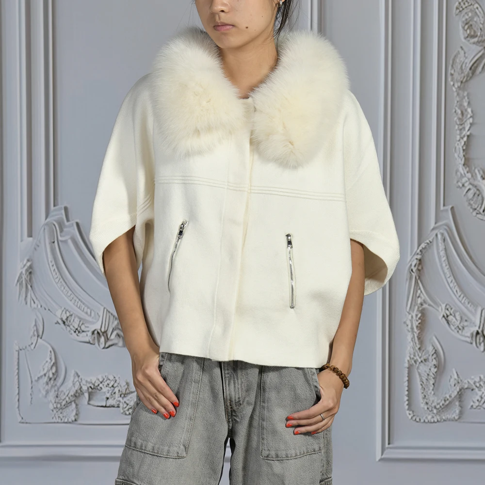 Sweter damski z dzianiny z kołnierzem z prawdziwego futra lisa Jxwatcher, gruby, ciepły, z krótkim rękawem, kurtka, modna odzież wierzchnia damska, nowość na jesień 2025