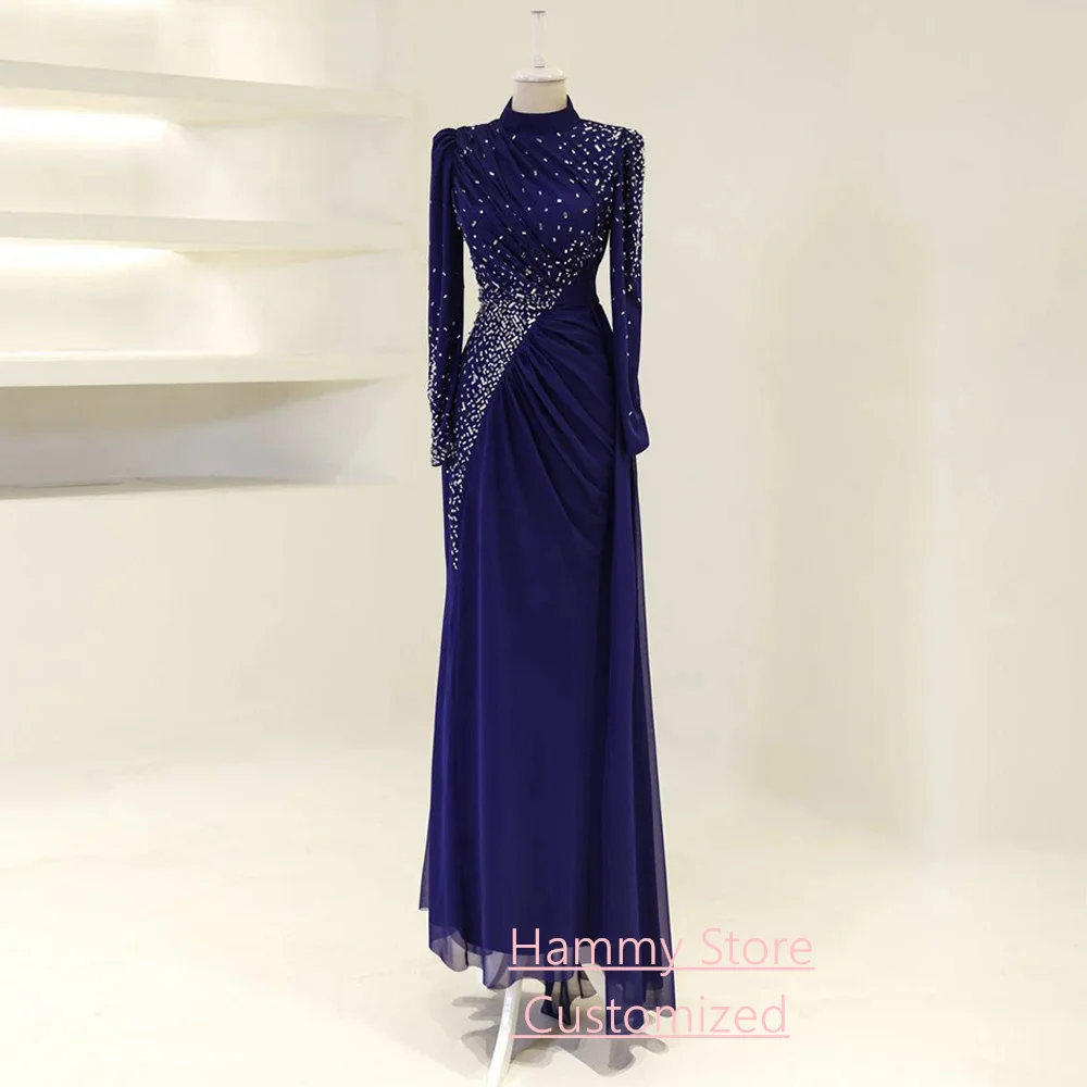 Luxuriöses, mit Perlen verziertes Abendkleid, maßgeschneidert, Stehkragen, lange Ärmel, Kristall-Meerjungfrau-Partykleid, saudi-arabische Ballkleider