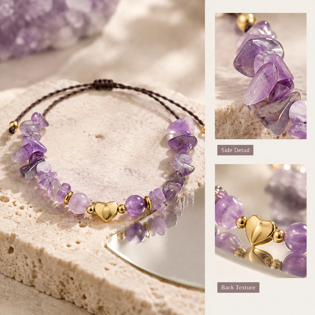 Natural Tiger Eye Strawberry Quartz Chip Stones Heart Bracelet Charm Jewelry With Gift Card Pouch For Women Fashion Handmade