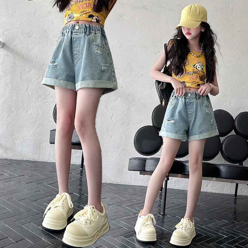 

Girls cut ripped jeans shorts thin 2025 new hot pants back pocket embroidered letter shorts suitable for girls 5-15 years old