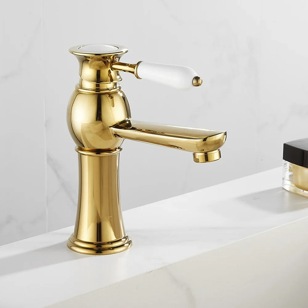 

Basin Mixer Tap Gold Bathroom Sink Facuet Single Handle Hot and Cold Water Hoses Modern Bathroom Washroom Cloakroom Faucet