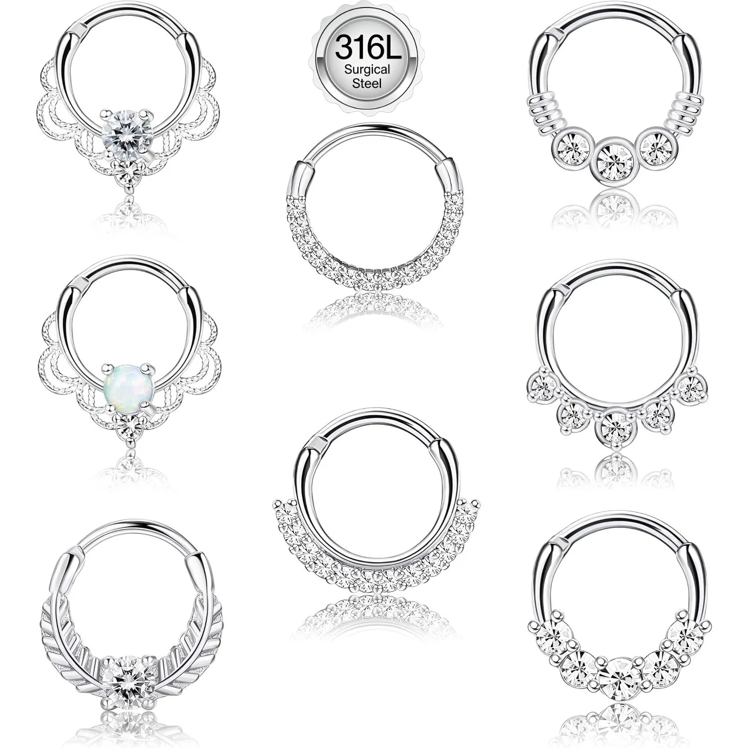 Drperfect 16G Septum Clicker Ring Stainless Steel CZ Opal Cartilage Helix Tragus Daith Earring Nose Rings Hoop Piercing Jewelry