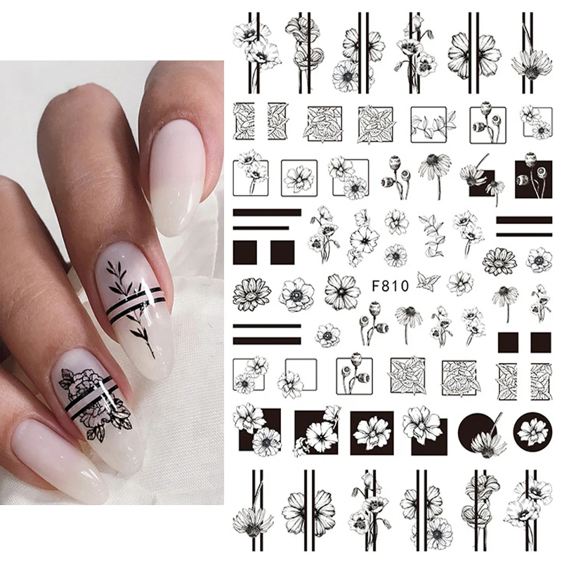 Nail Art Decals Geometric Lines Black Flowers Leafs Back Glue Nail Stickers Decoration For Nail Tips Beauty