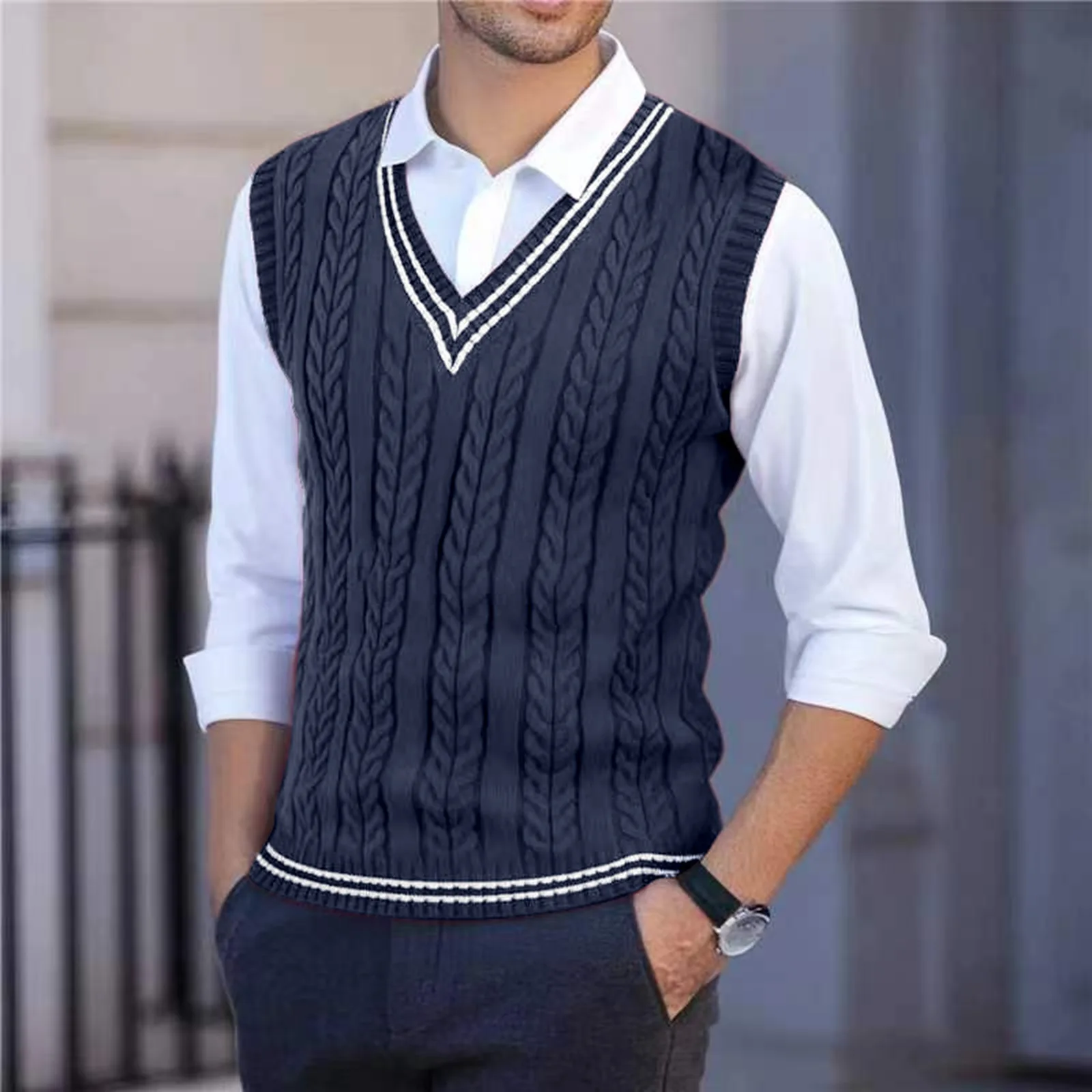 2026 Men's Knitted V-Neck Sweater Vest Color Blocking Stripe Sleeveless Knitwear Pullover Sweaters Men Business Casual Waistcoat