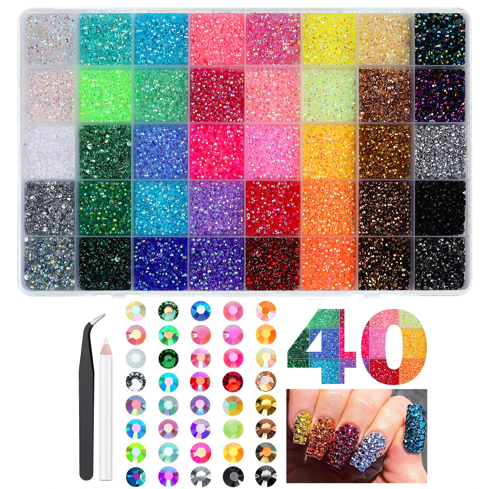 

2026 40Grids Mixed Color Nail Charms Resin Drill AB Rhinestone Set Flatback Nail Drill Phone Clothing DIY Handicraft Decoration