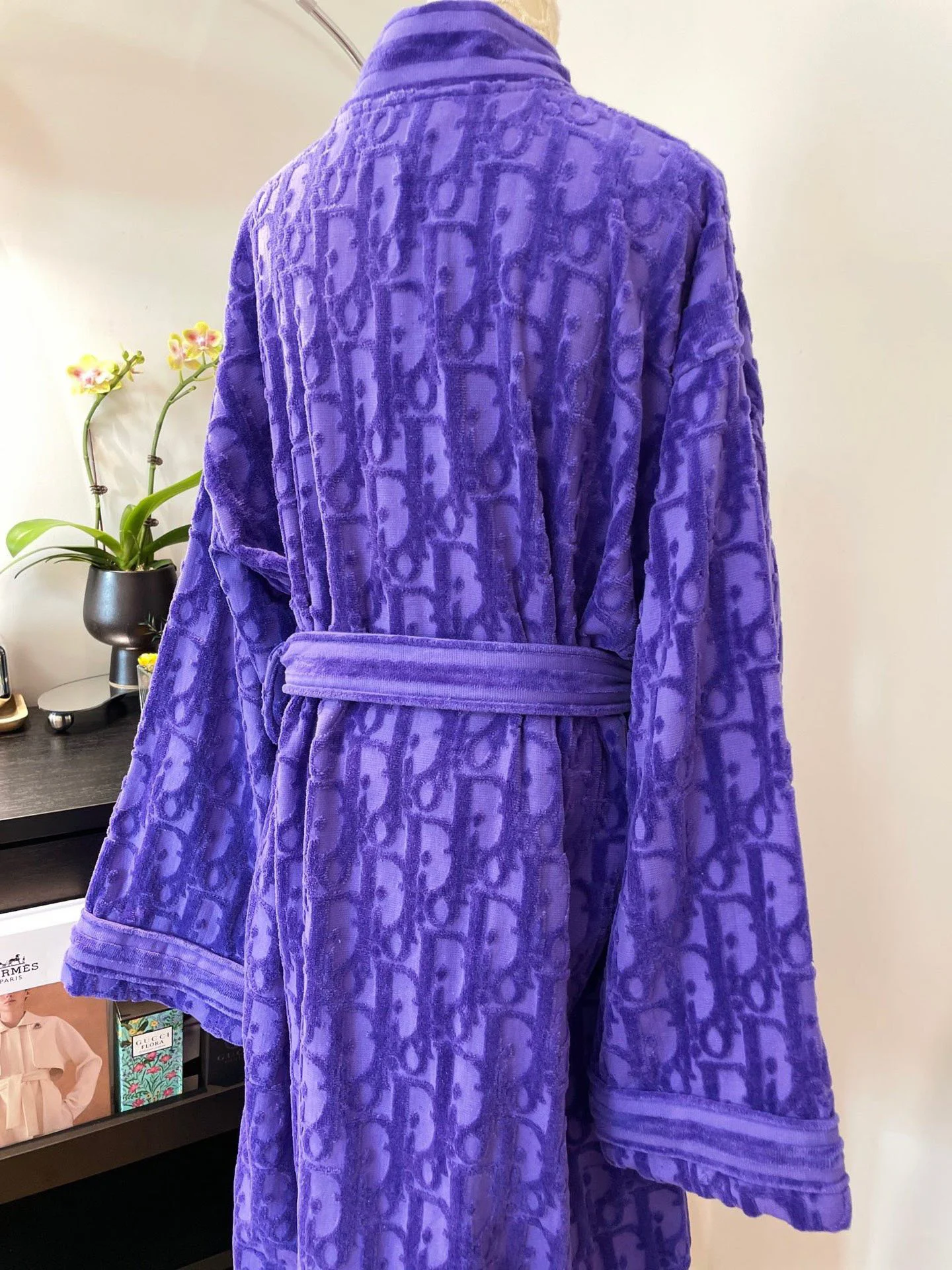 Cozy Purple Embossed Pattern Robe - Autumn Winter Bathrobe with Sash Tie & Pockets, Unisex Couple Homewear