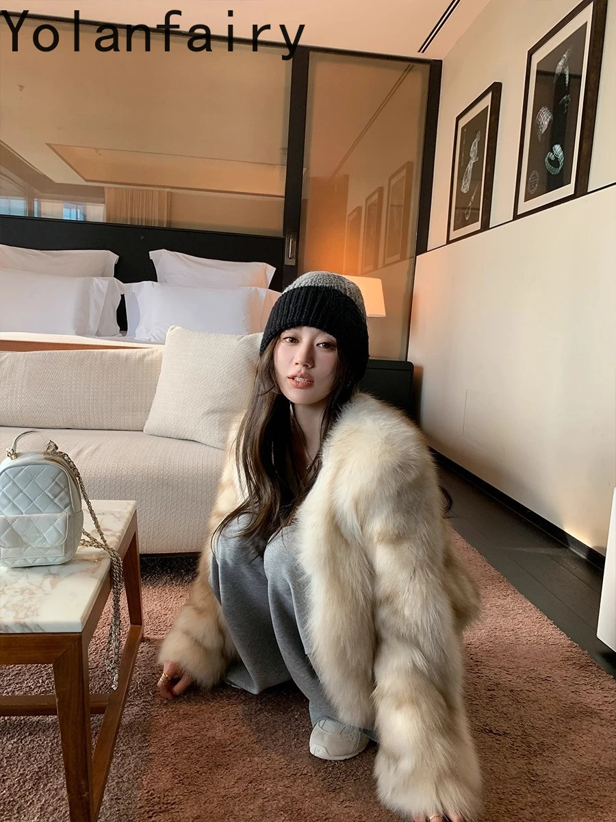 YOLANFAIRY 100% معطف فرو الثعلب الأصلي ملابس نسائية 2025 شتاء قصير أنيق معاطف الفرو الحقيقي للمرأة سترة من الفرو ملابس خارجية