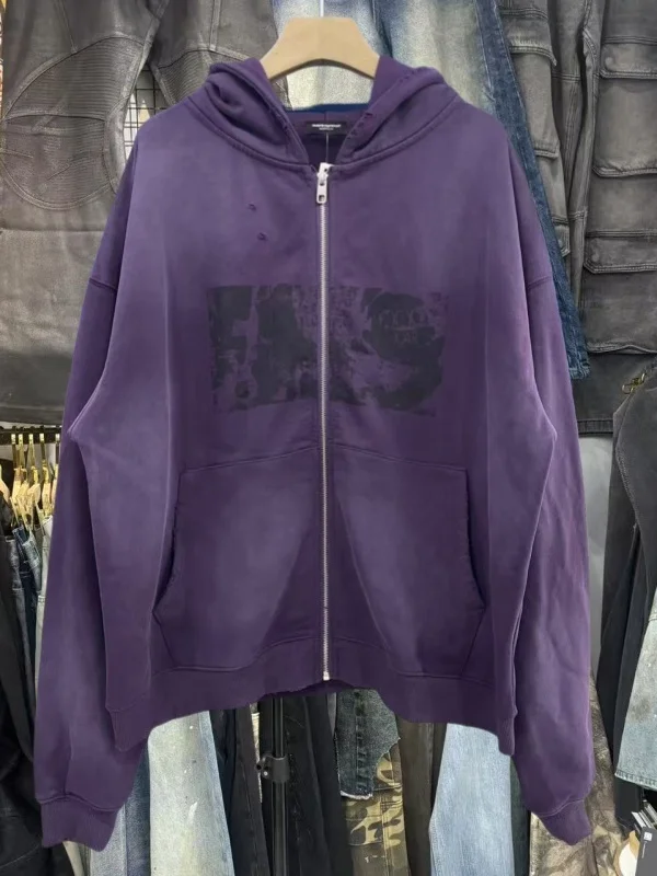 

Retro American Printed Faded Zipper Hoodie ex Worn-Out Sle Long Sve Sweatirt Casual Wear for Men And Women