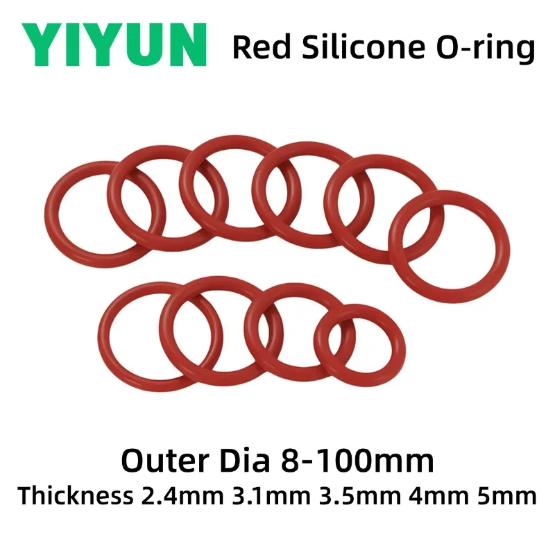10-100PCS Outer Dia 8-100mm Red VMQ Silicone O‑Ring Heat Resistant Waterproof Rubber Gaskets Thickness 2.4mm 3.1mm 3.5mm 4mm 5mm