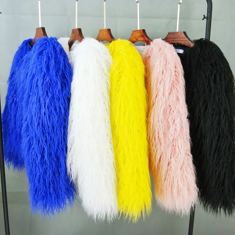 Chic Boho Furry Faux Mink Fur Jacket Bomber Women Fur Imitation Trench Coats Autumn Winter Pink Shaggy Long Hair Cardigan Tops