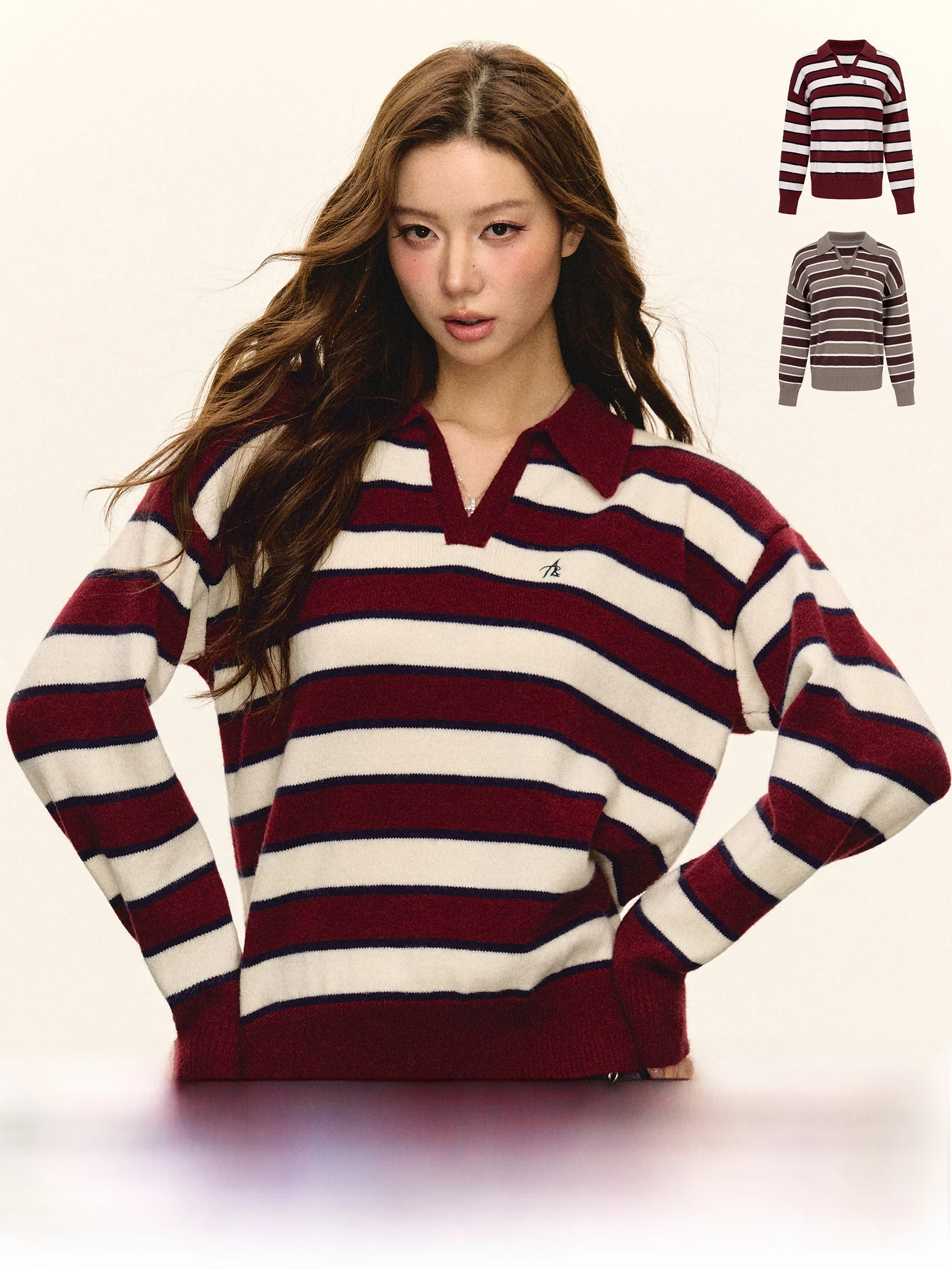 

Ariseism American Retro Striped Sweater Women's Loose Top Spring New Sle Street Sle Collar Long Sve Soft Nylon Blend