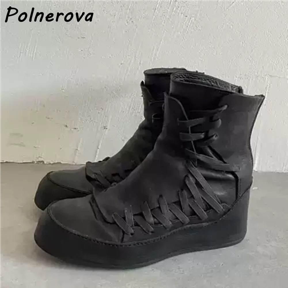 Side Cross Tied Black Boots Round Toe Thick Soled Solid Back Zipper Distress Retros Shoes Women's Winter Runway Concise Shoes