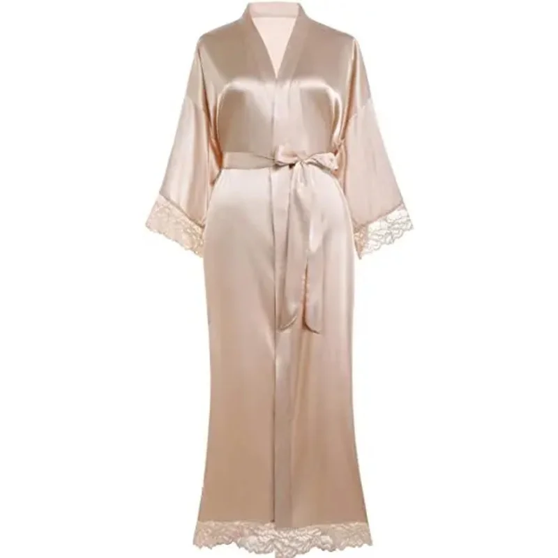 Robe kimono en satin de soie et dentelle pour femmes, tenue de nuit sexy, couleur unie, grise, nouvelle collection