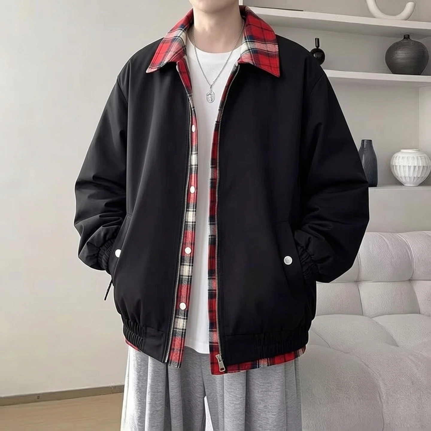 

Ретро-куртка в американском стиле с клетчатым пэчворком и воротником, свободная повседневная верхняя одежда для мужчин и женщин, молодежная модная одежда из полиэстера