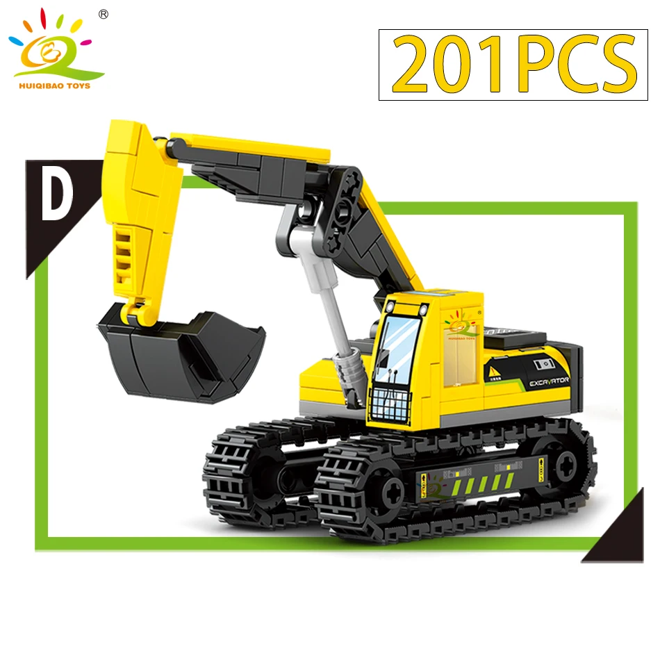 HUIQIBAO 4pcs/set Engineering Truck Building Blocks City Construction Crane Bulldozer Car Bricks Set Children Kids Toys for Boy