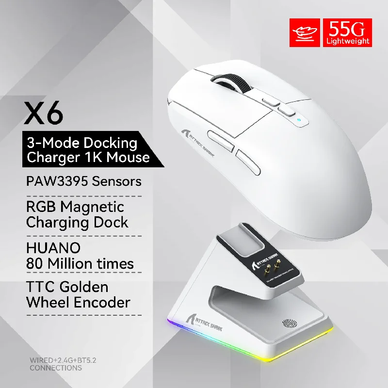 

Attack Shark X6 PAW3395 Bluetooth Mouse,2.4 Tri-Mode Connection, RGB Touch Magnetic Charging Base, Macro Gaming Mouse