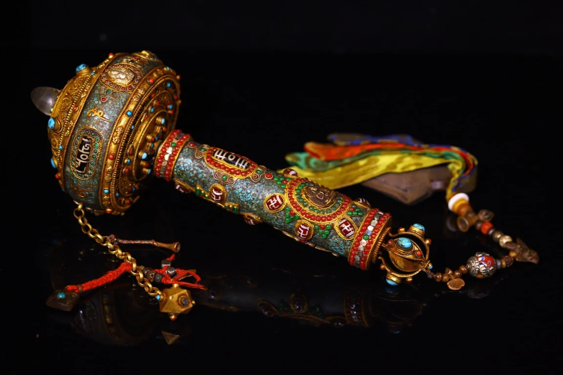 

14"Tibetan Temple Collection Old Tibetan Silver Gilded Mosaic Gem gZi Beads Shell Crystal Buddha Prayer Wheel Old Scriptures