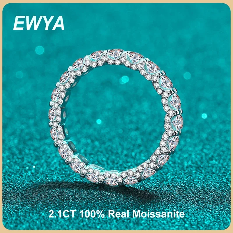 EWYA Luxury Real 0.1CT 3mm Moissanite Diamond Ring for Women S925 Sterling Silver Full Enternity Rings Wedding Band Fine Jewelry