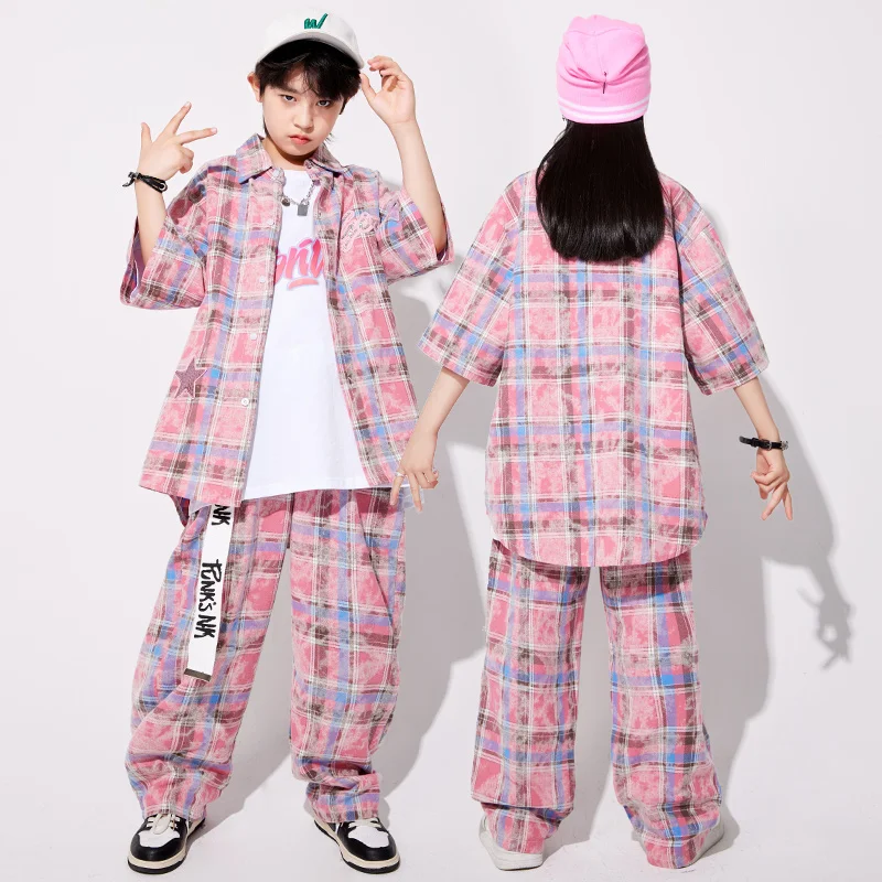 Jungen Hip Hop Grün Kariertes Hemd Street Dance Hosen Mädchen Süße K-pop Bluse Kinder Streetwear Kid Jazz Kostüm Kleidung set